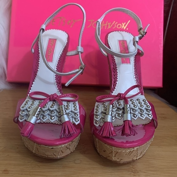 Betsey Johnson NIB Leather Honest Fuchsia Cork Wedge Platform Espadrille Heels 7 - Picture 7 of 17